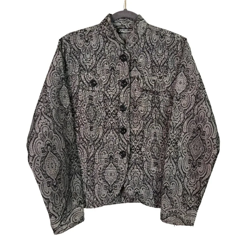 Vintage L Tapestry Maximalist Art to Wear Beaded Black Silver Shirt Jacket